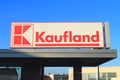 Logo hypermarket Kaufland against the blue sky in Elblag, Poland